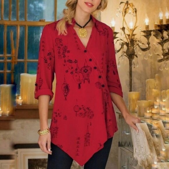 Soft Surroundings size 2X Oriental Red Pagoda Wrap Asymmetrical Tunic Festival - Picture 1 of 9